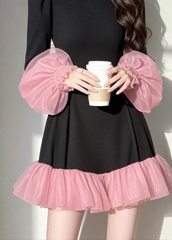 Casual Black Tulle Patchwork Vacation Mid Dresses Puff Sleeve