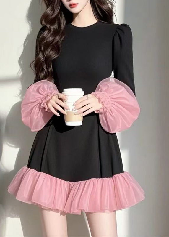 Casual Black Tulle Patchwork Vacation Mid Dresses Puff Sleeve