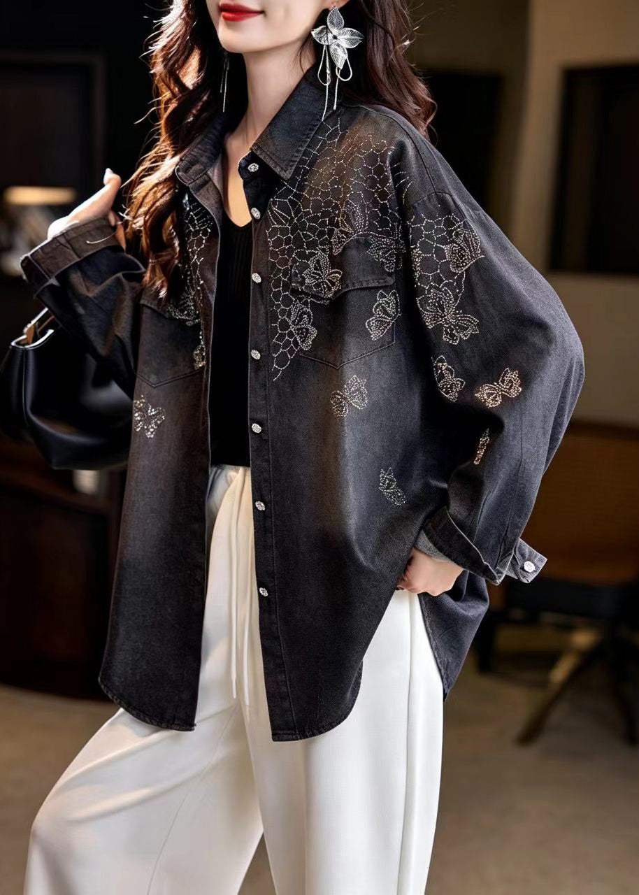 Casual Black Turn-Down Collar Rhinestone Denim Coat Fall