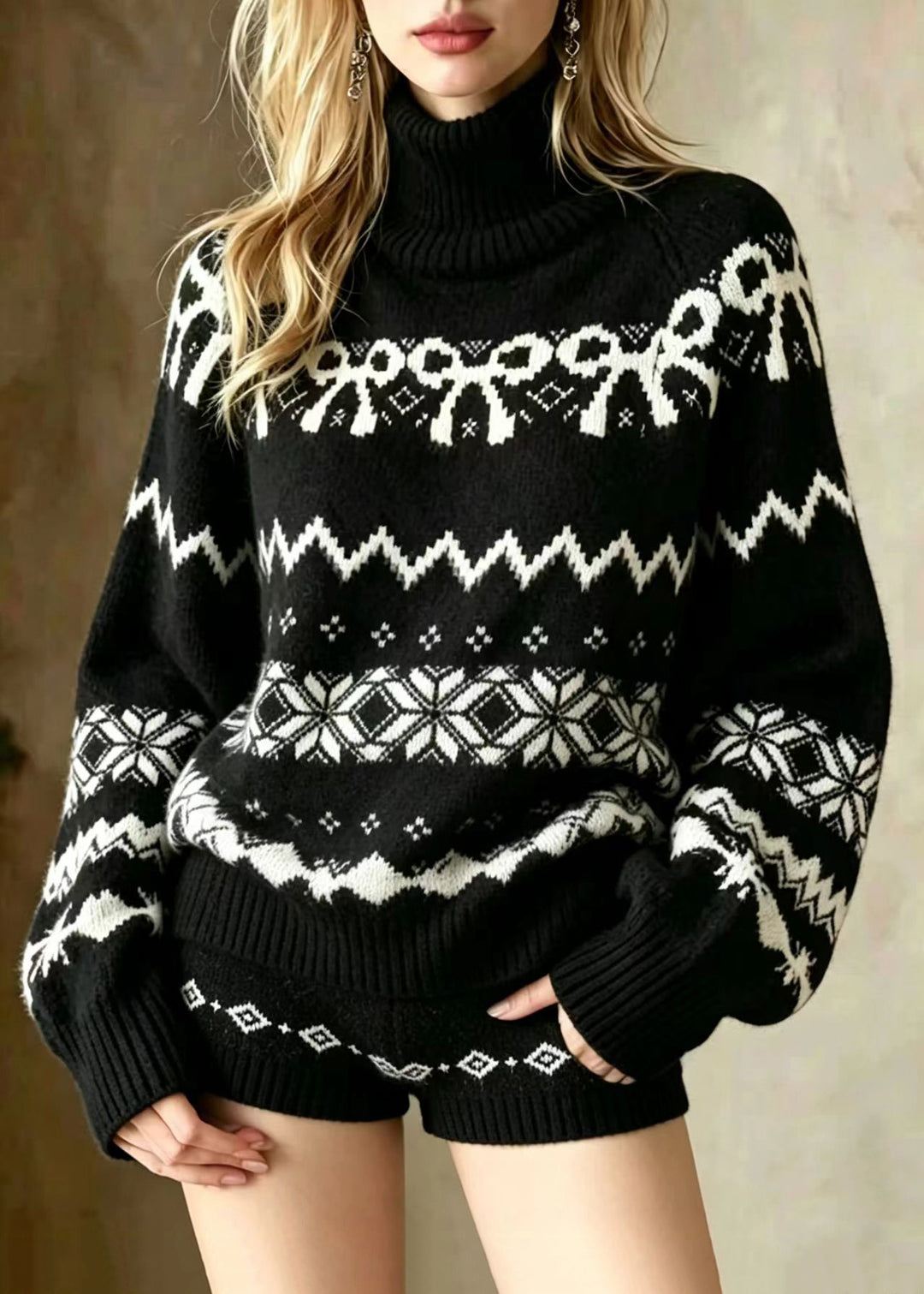 Casual Black Turtleneck Jacquard Knit Sweater And Shorts Two Piece Set Winter