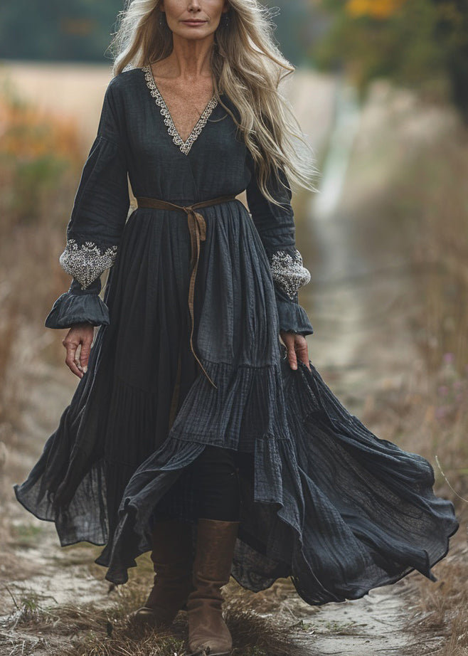 Casual Black V Neck Lace Patchwork Cotton Dresses Spring