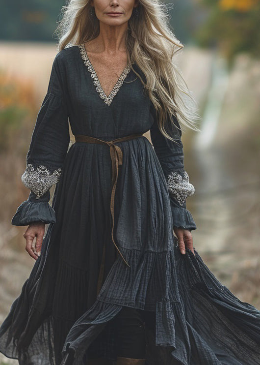 Casual Black V Neck Lace Patchwork Cotton Dresses Spring