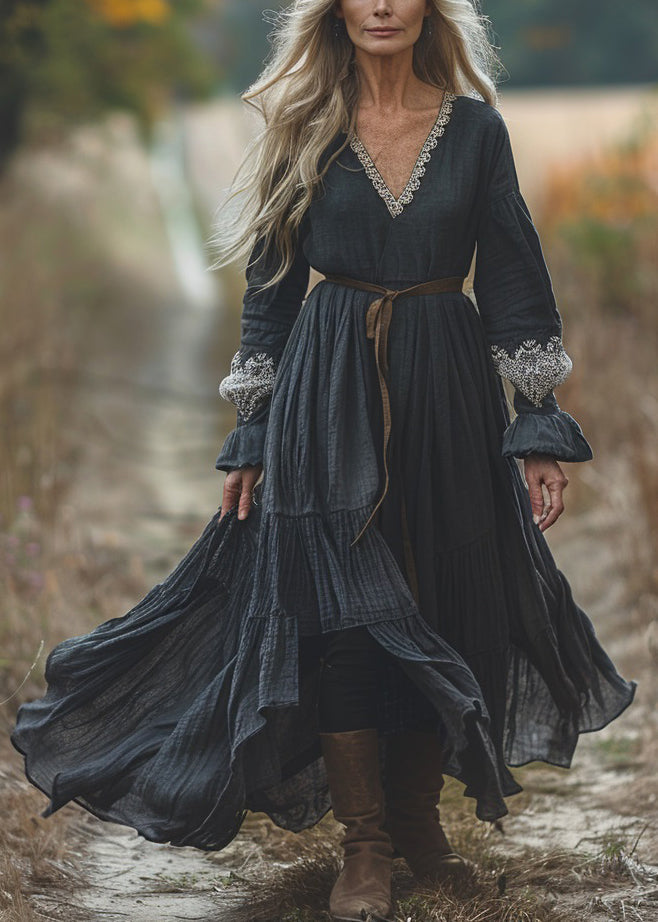 Casual Black V Neck Lace Patchwork Cotton Dresses Spring