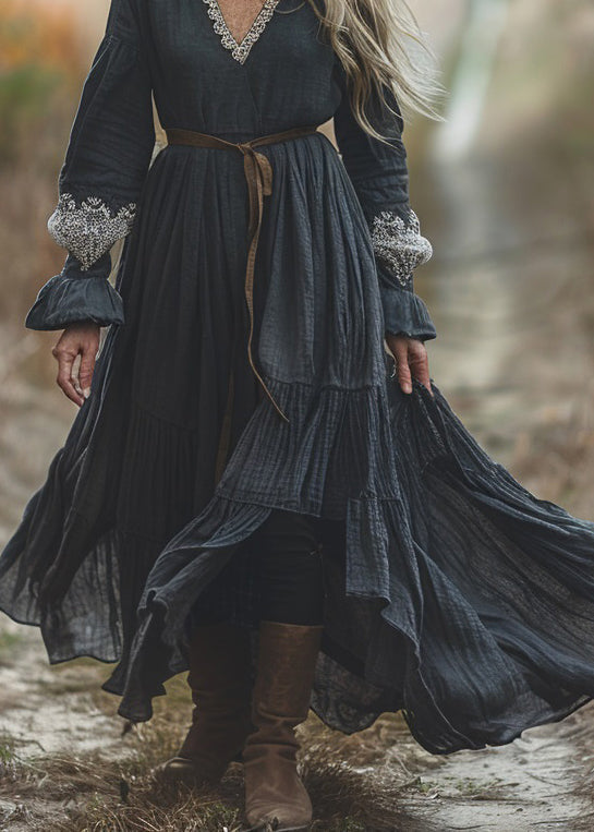 Casual Black V Neck Lace Patchwork Cotton Dresses Spring