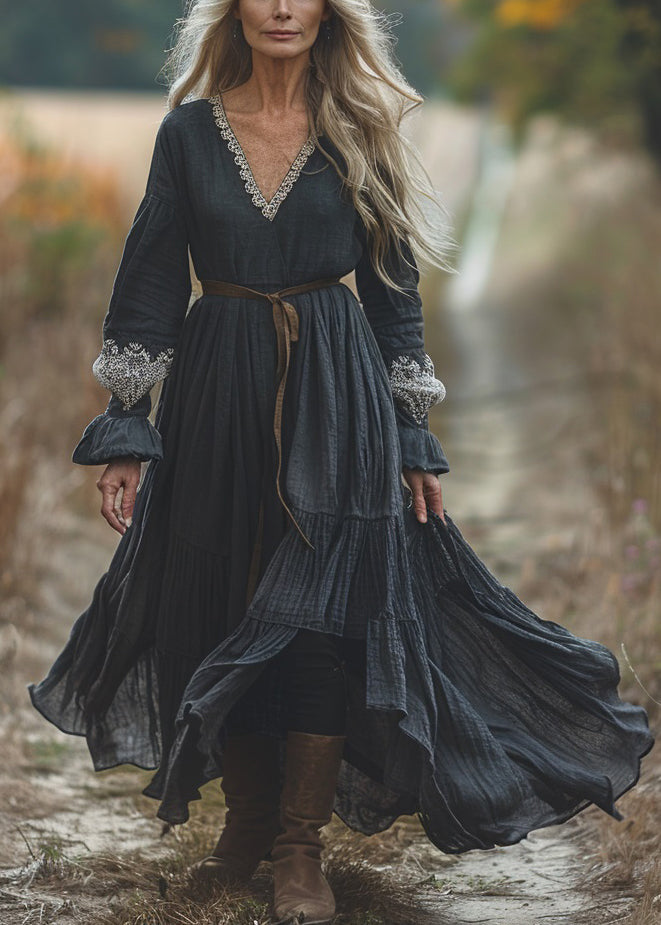 Casual Black V Neck Lace Patchwork Cotton Dresses Spring