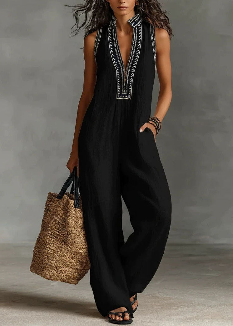 Casual Black V Neck Patchwork Cotton Jumpsuits Sleeveless