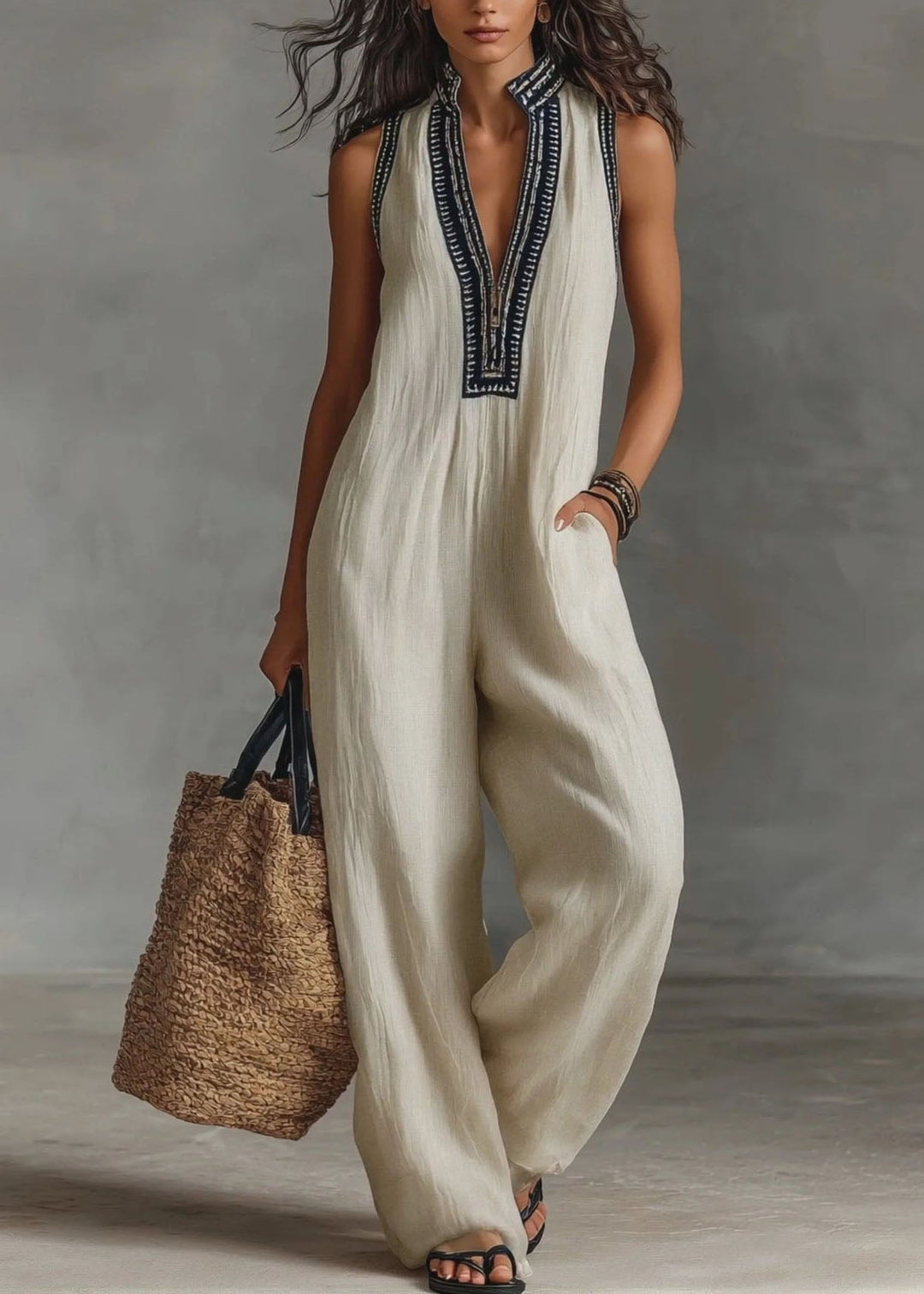 Casual Black V Neck Patchwork Cotton Jumpsuits Sleeveless