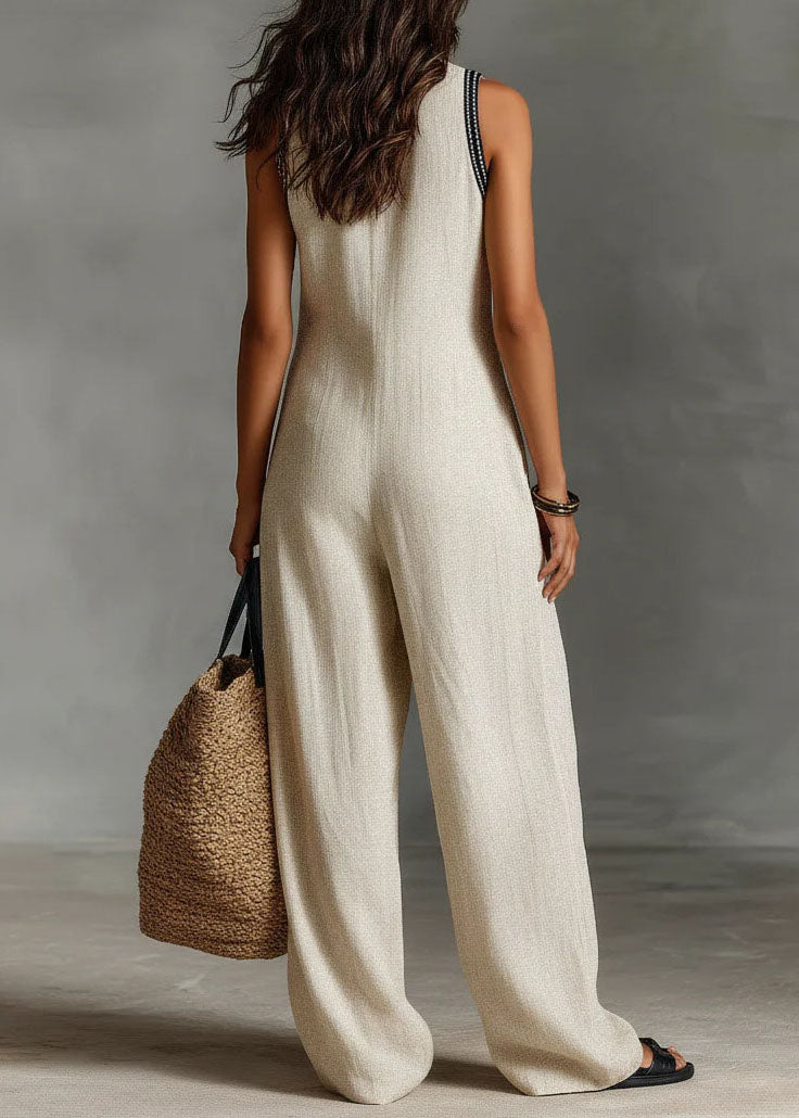 Casual Black V Neck Patchwork Cotton Jumpsuits Sleeveless