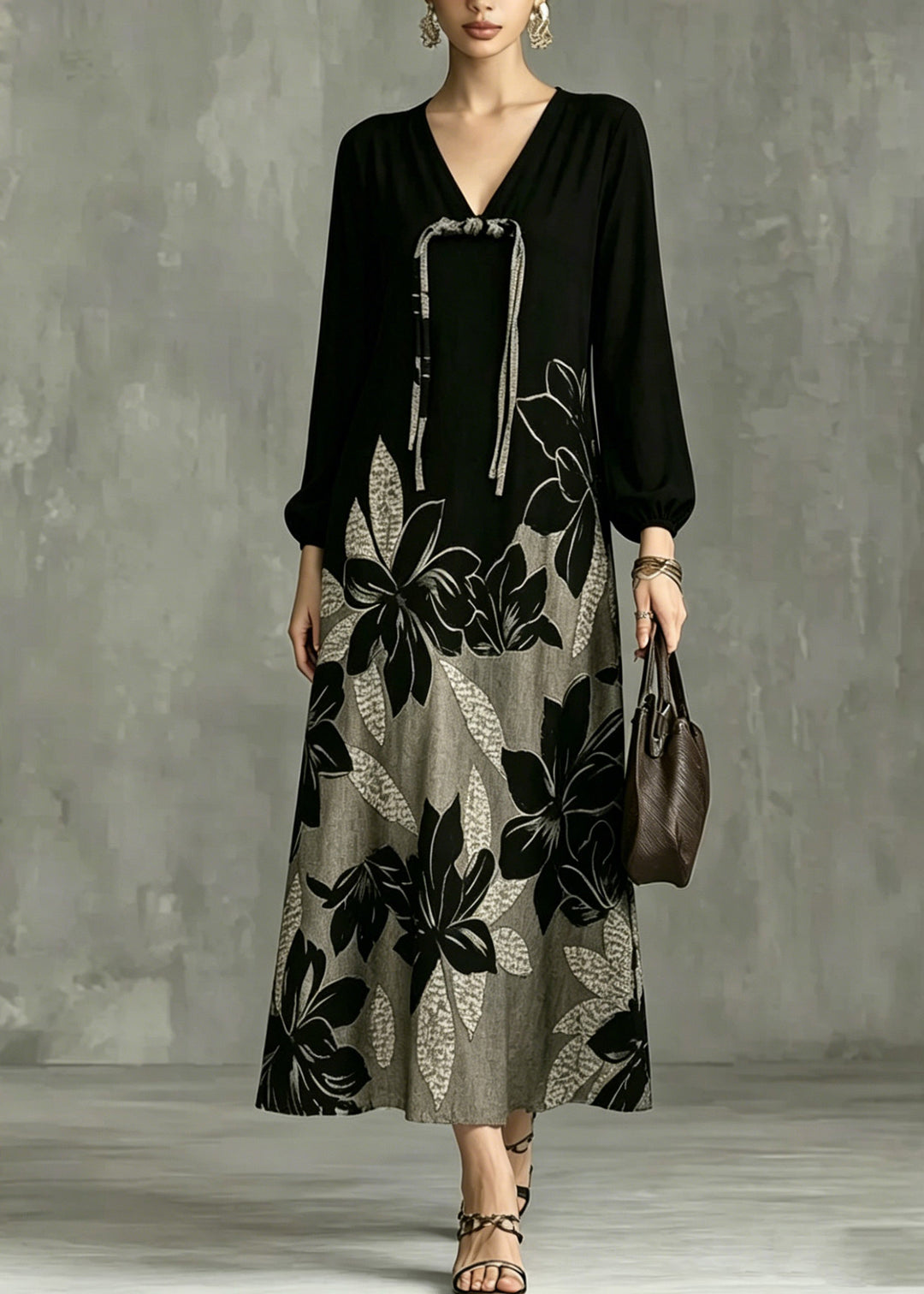 Casual Black V Neck Patchwork Vacation Long Dresses Lantern Sleeve
