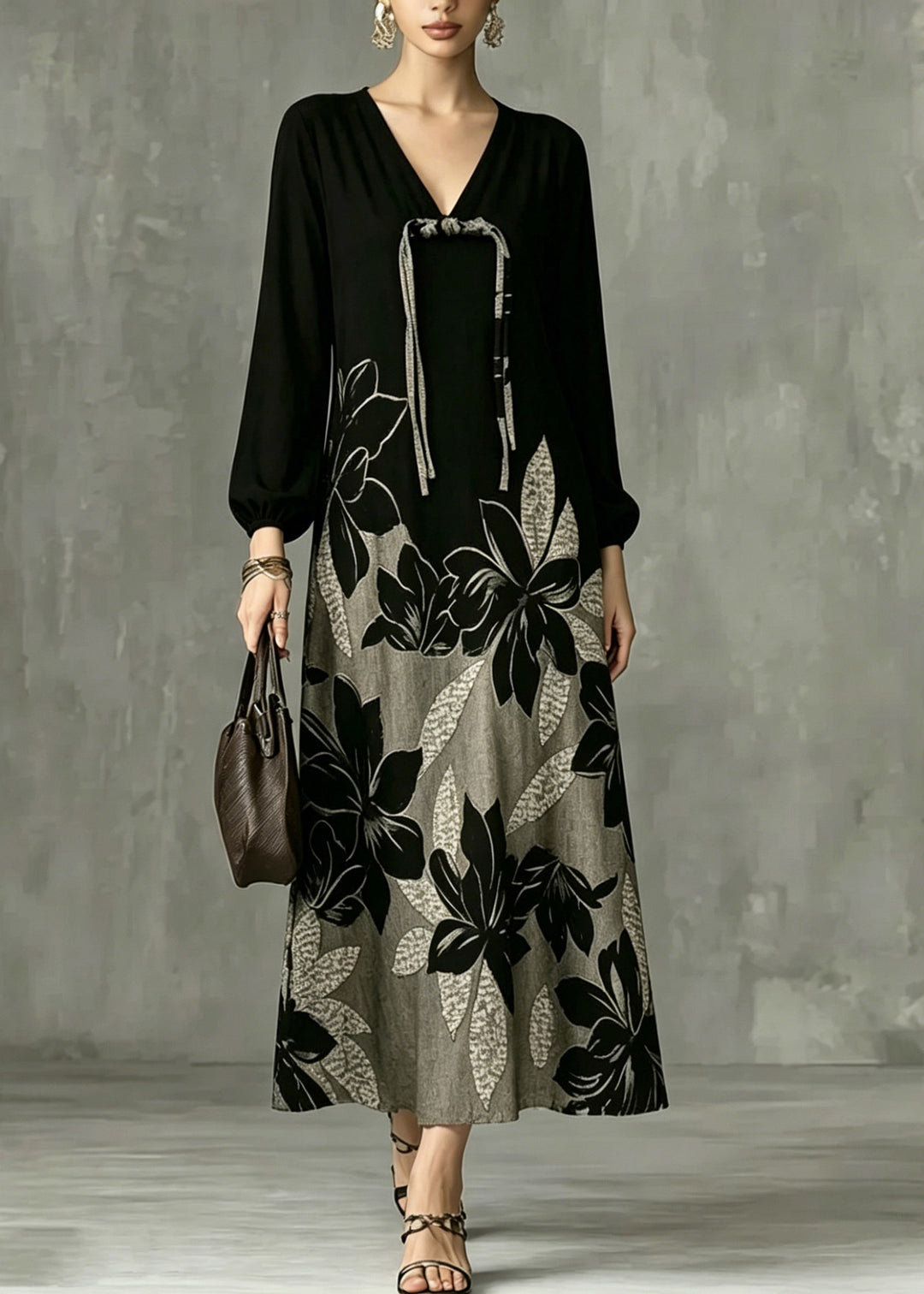Casual Black V Neck Patchwork Vacation Long Dresses Lantern Sleeve