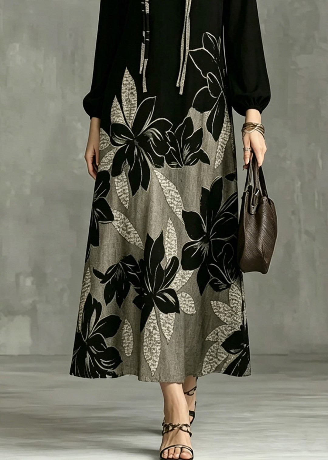 Casual Black V Neck Patchwork Vacation Long Dresses Lantern Sleeve