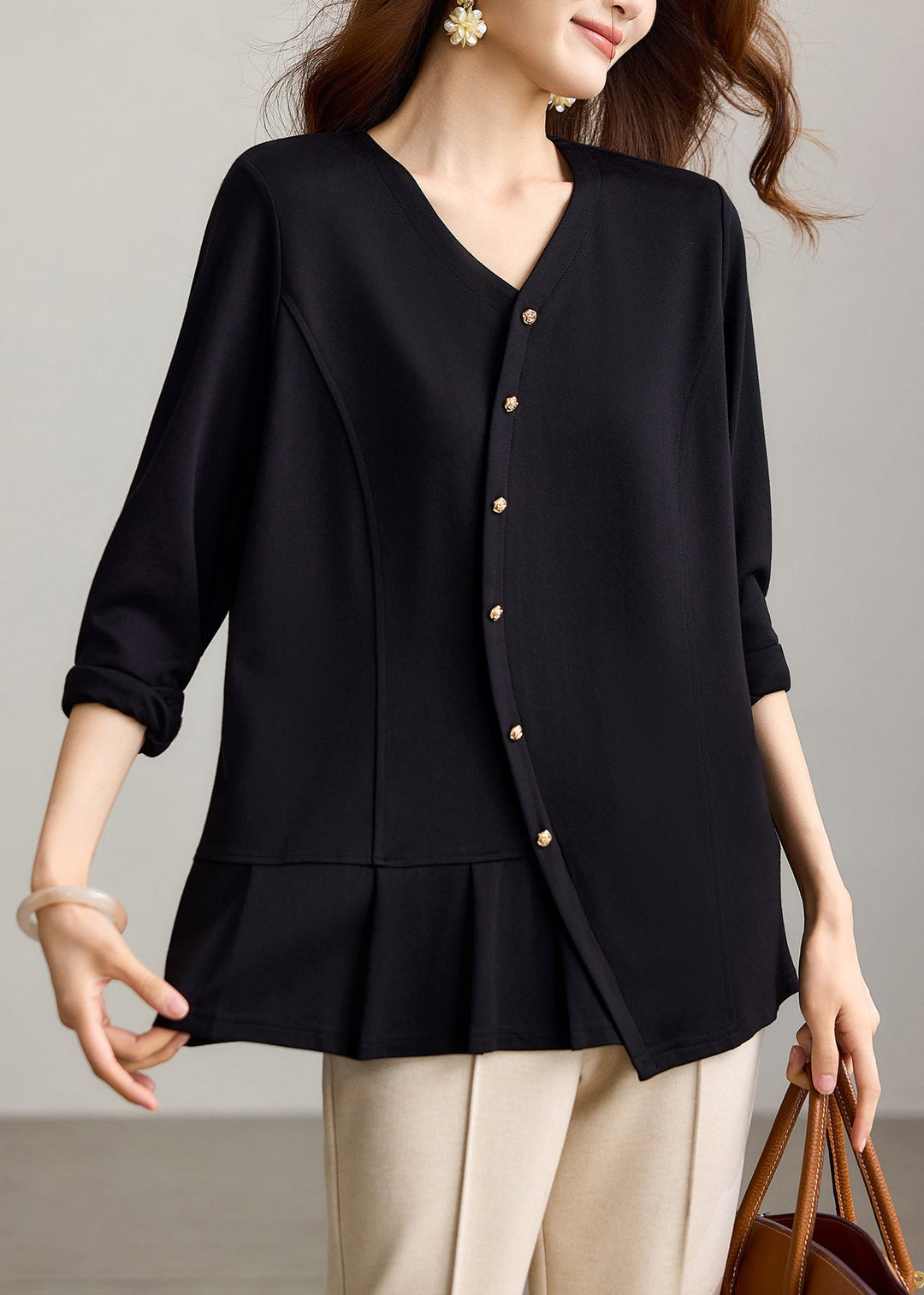 Casual Black V Neck Pleated Shirts Long sleeve