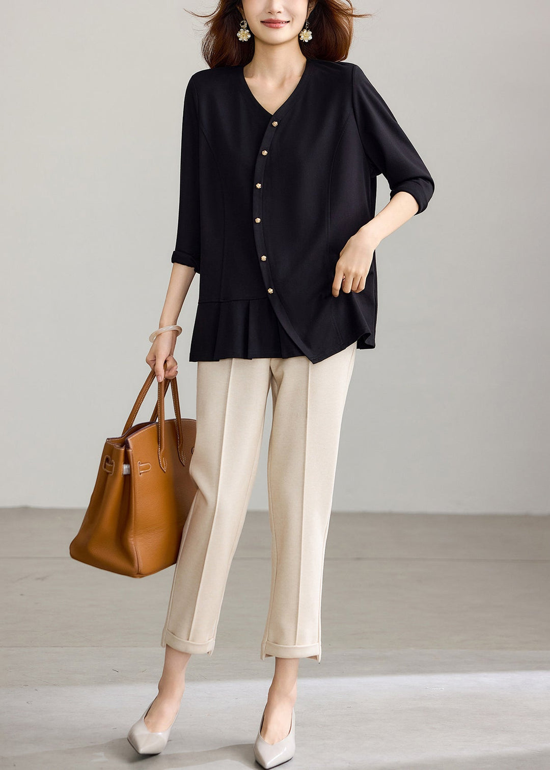 Casual Black V Neck Pleated Shirts Long sleeve