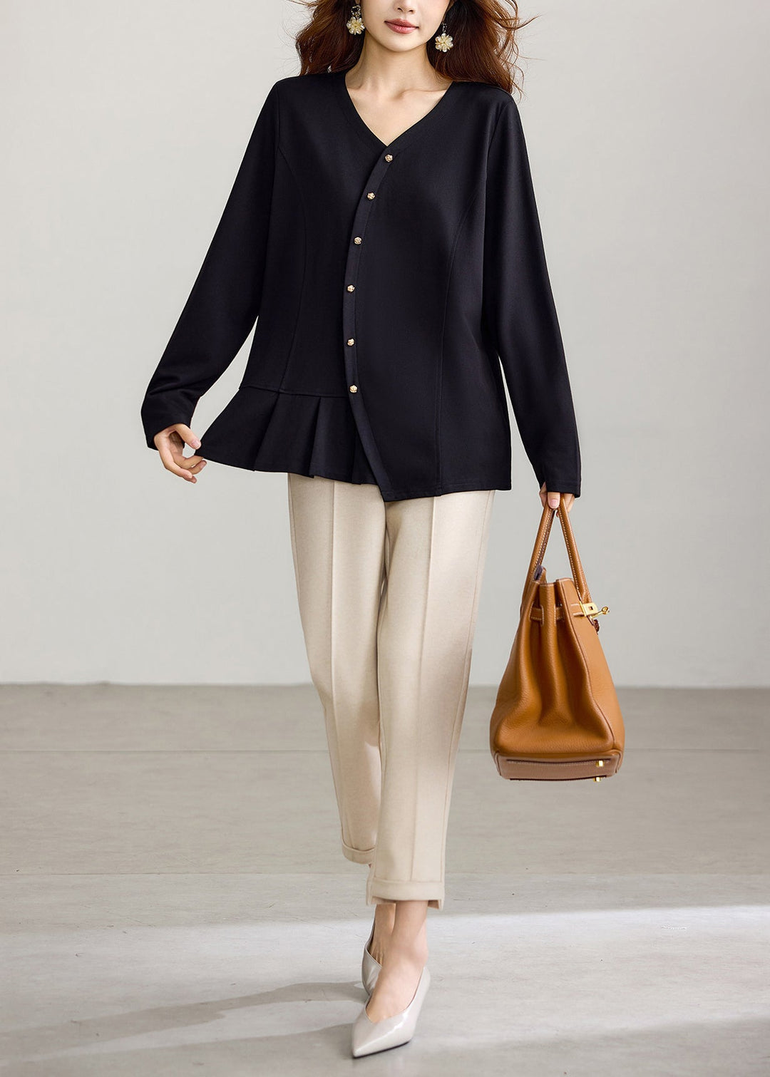 Casual Black V Neck Pleated Shirts Long sleeve