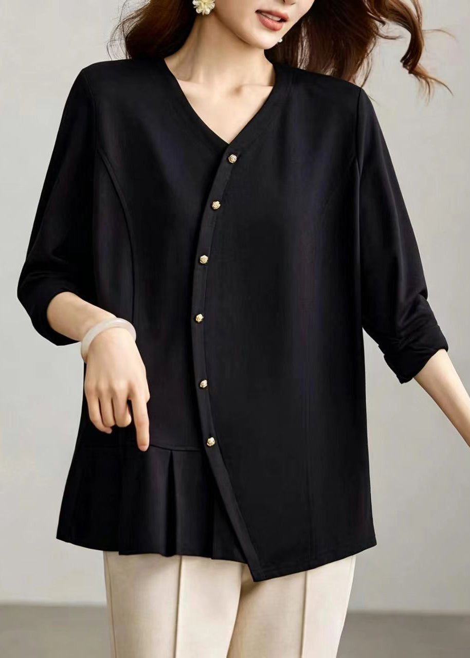 Casual Black V Neck Pleated Shirts Long sleeve