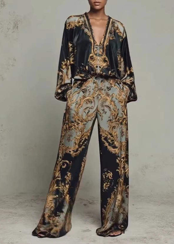 Casual Black V Neck Print Cotton Two Pieces Set Long Sleeve
