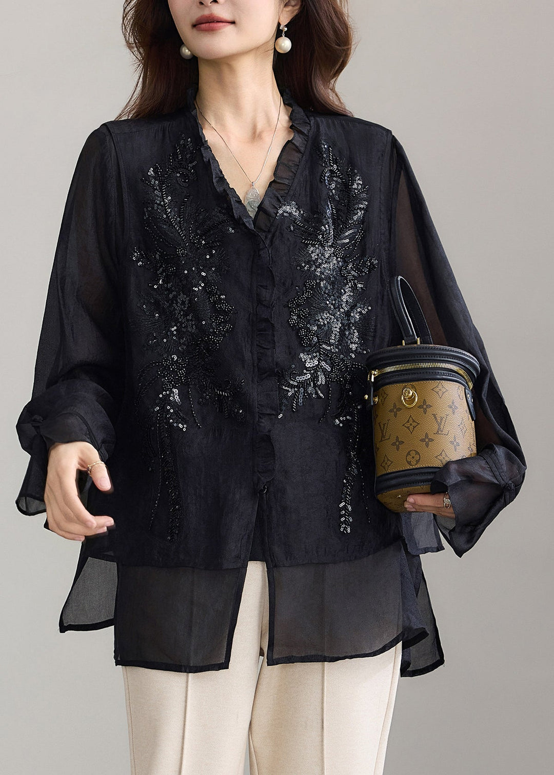 Casual Black V Neck Sequins Nail Bead Fake Two Piece Shirts Fall