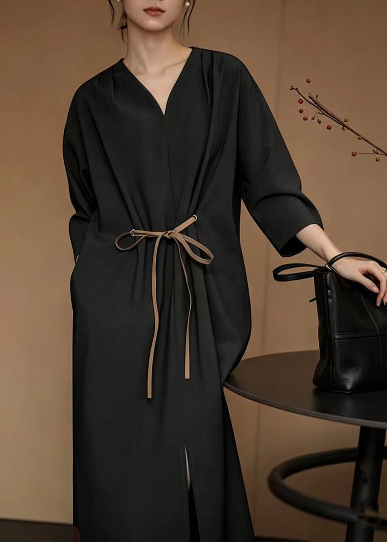 Casual Black V Neck Tie Waist Hem Slit Long Dresses Bracelet Sleeve