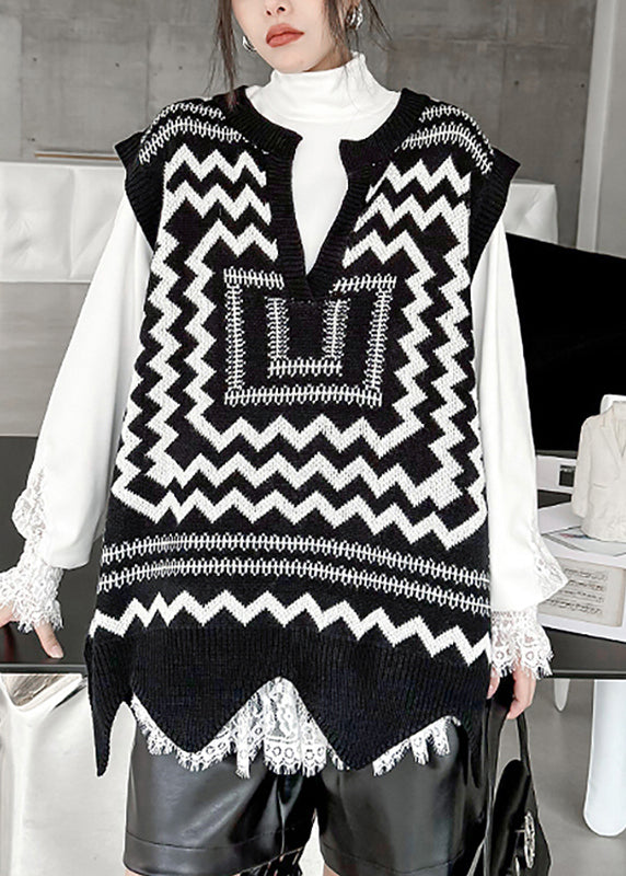 Casual Black White Print V Neck Asymmetrical Thick Cotton Knit Waistcoat Sleeveless