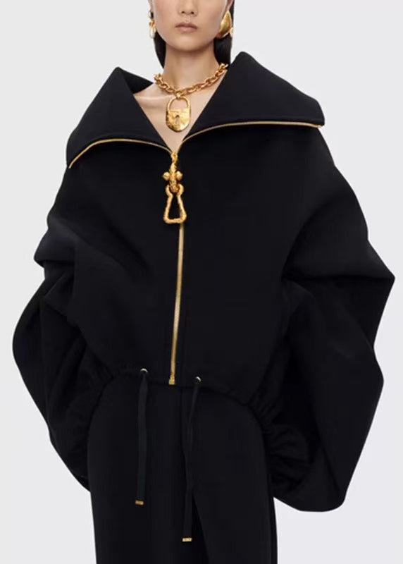 Casual Black Zipper Drawstring Splicing Design Jacket Batwing Sleeve