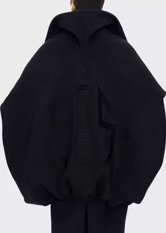 Casual Black Zipper Drawstring Splicing Design Jacket Batwing Sleeve