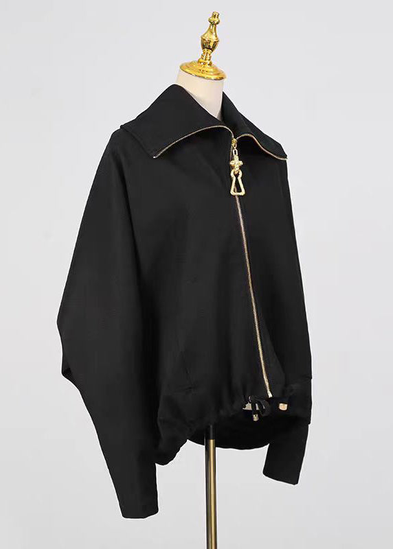 Casual Black Zipper Drawstring Splicing Design Jacket Batwing Sleeve