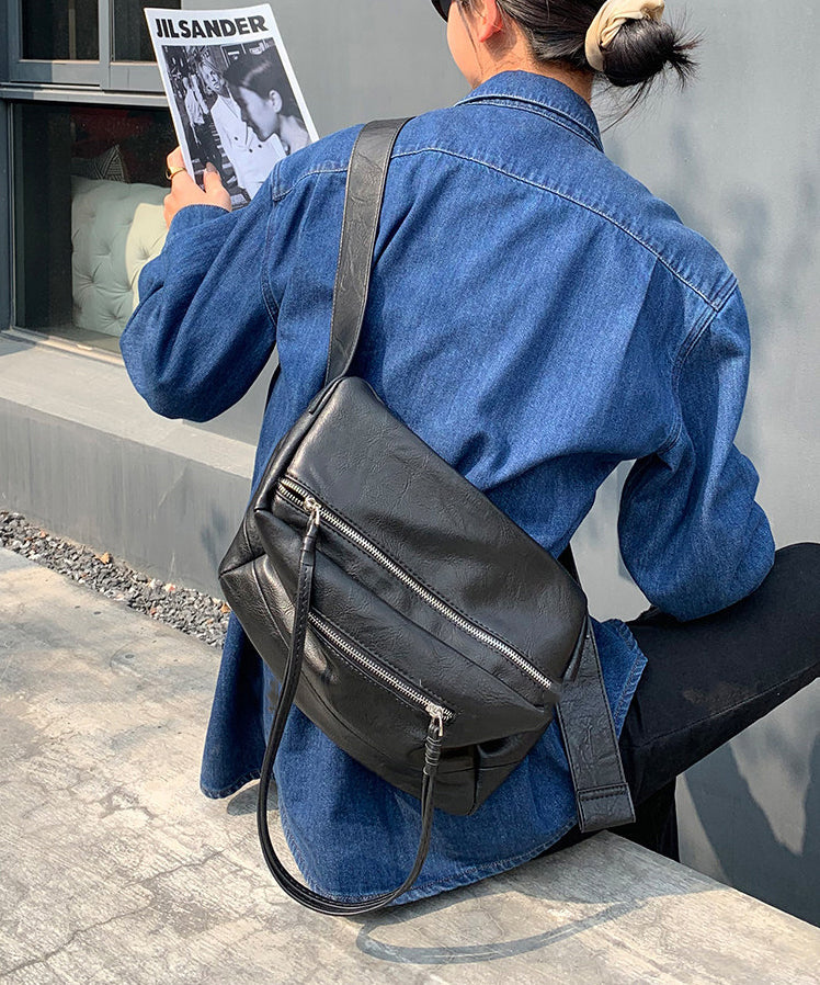 Casual Black Zippered Solid Durable Faux Leather Messenger Bag