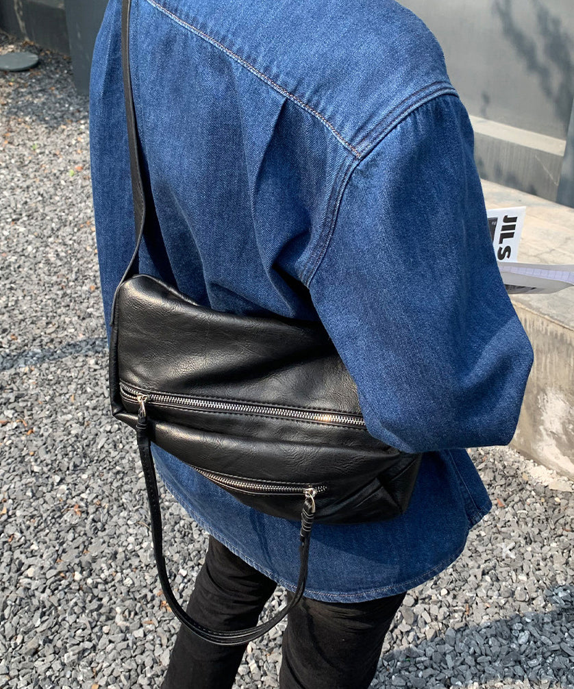 Casual Black Zippered Solid Durable Faux Leather Messenger Bag