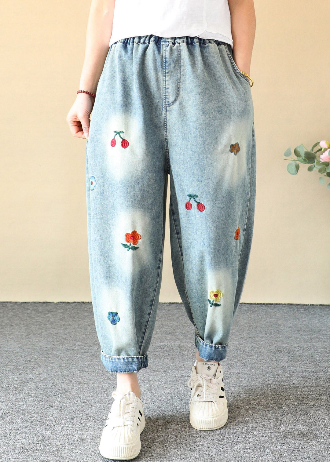 Casual Blue Cherry Embroidered Elastic Waist Crop Harem Jeans Summer