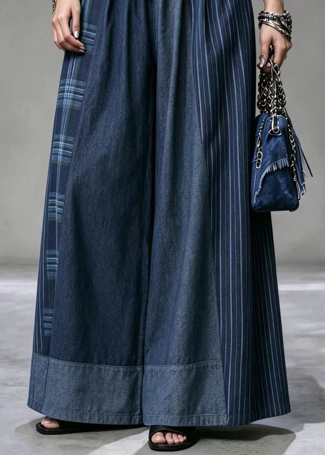 Casual Blue Drawstring Striped Plaid Patchwork Denim Wide Leg Pants Fall