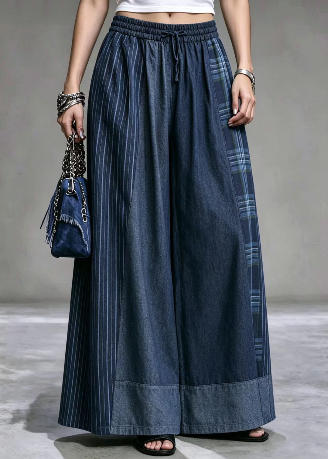 Casual Blue Drawstring Striped Plaid Patchwork Denim Wide Leg Pants Fall