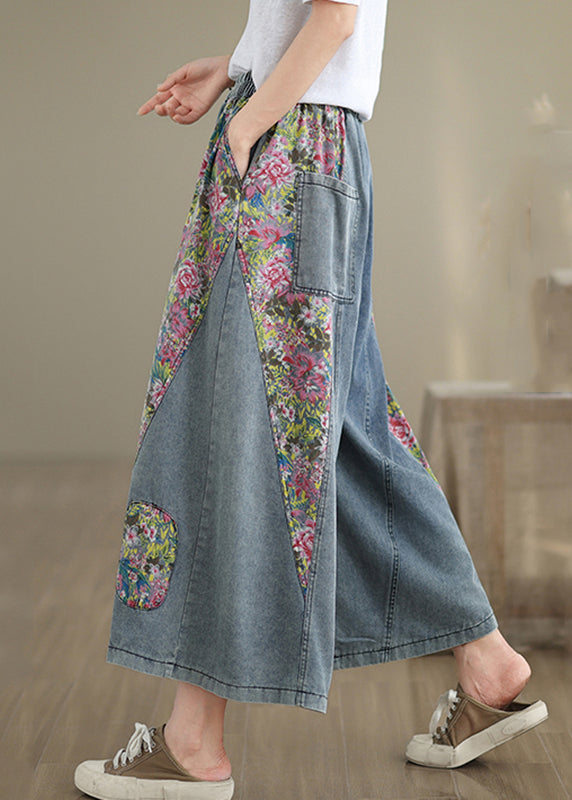 Casual Blue Elastic Waist Pockets Patchwork Crop Jeans Summer