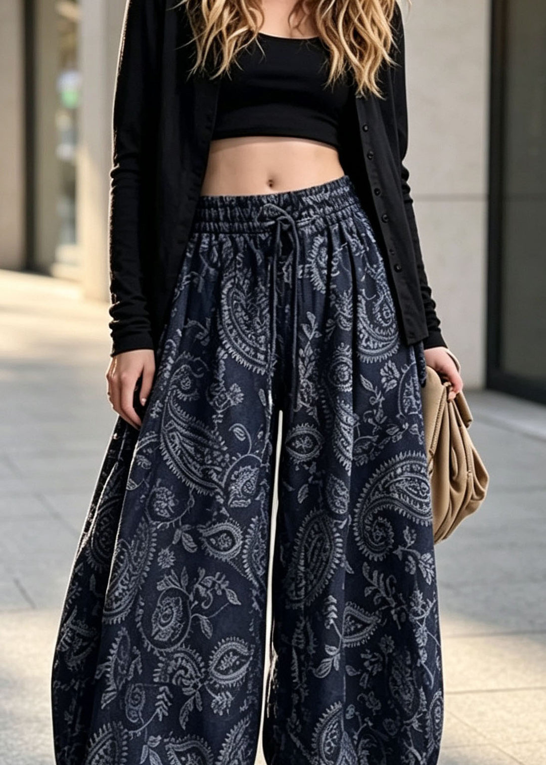 Casual Blue Elastic Waist Print Cotton Wide Leg Pants Fall