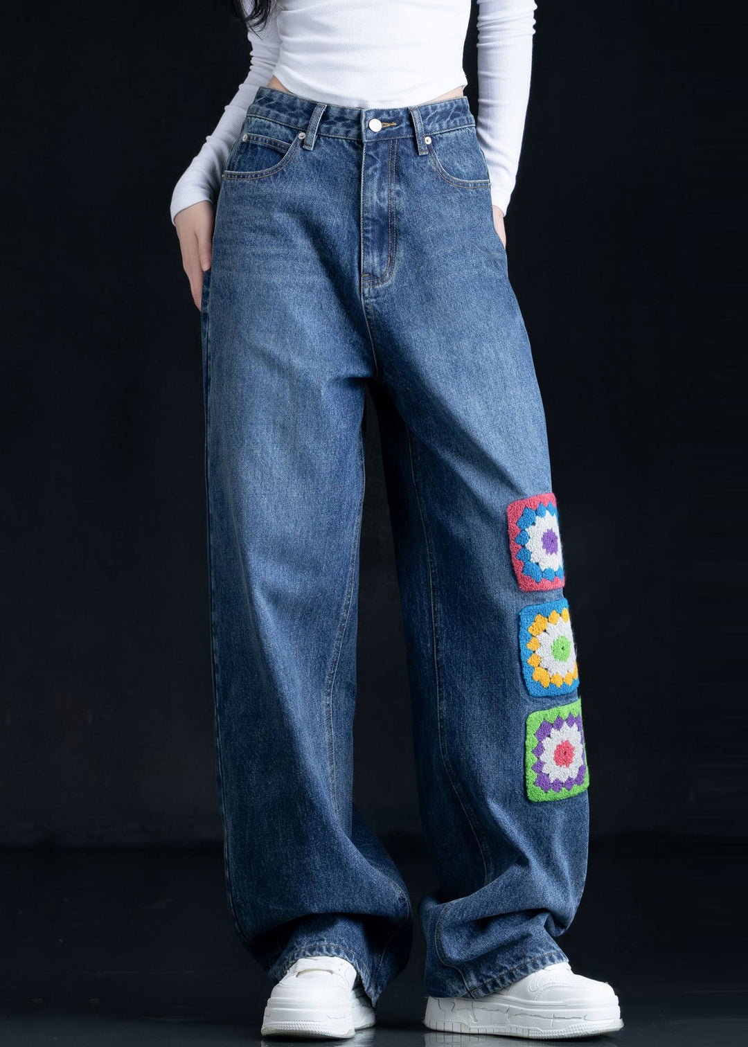 Casual Blue Embroidered Pockets Denim Straight Pants Fall