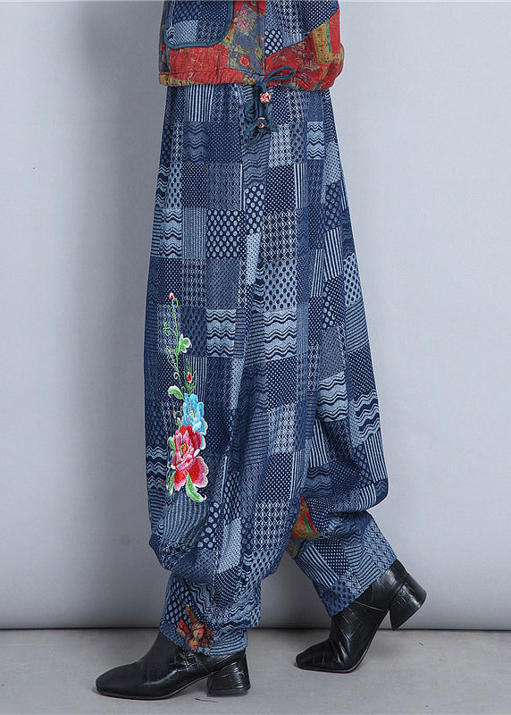 Casual Blue Embroidered Pockets Patchwork Cotton Pants Spring