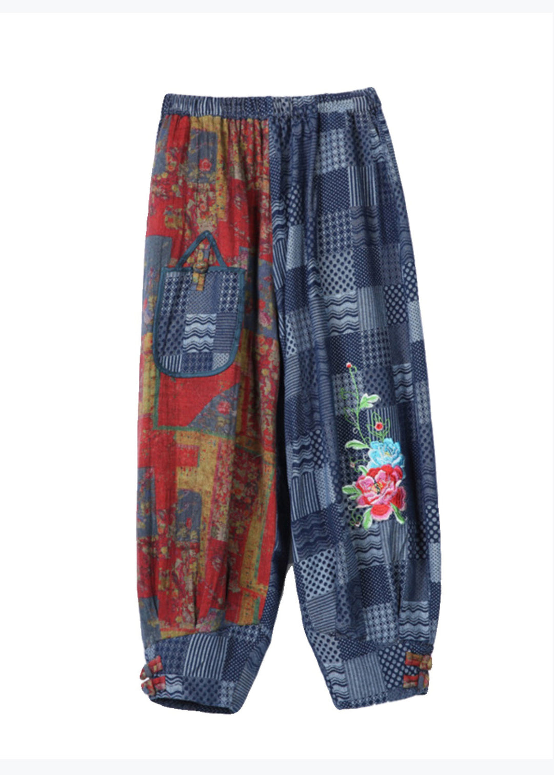 Casual Blue Embroidered Pockets Patchwork Cotton Pants Spring