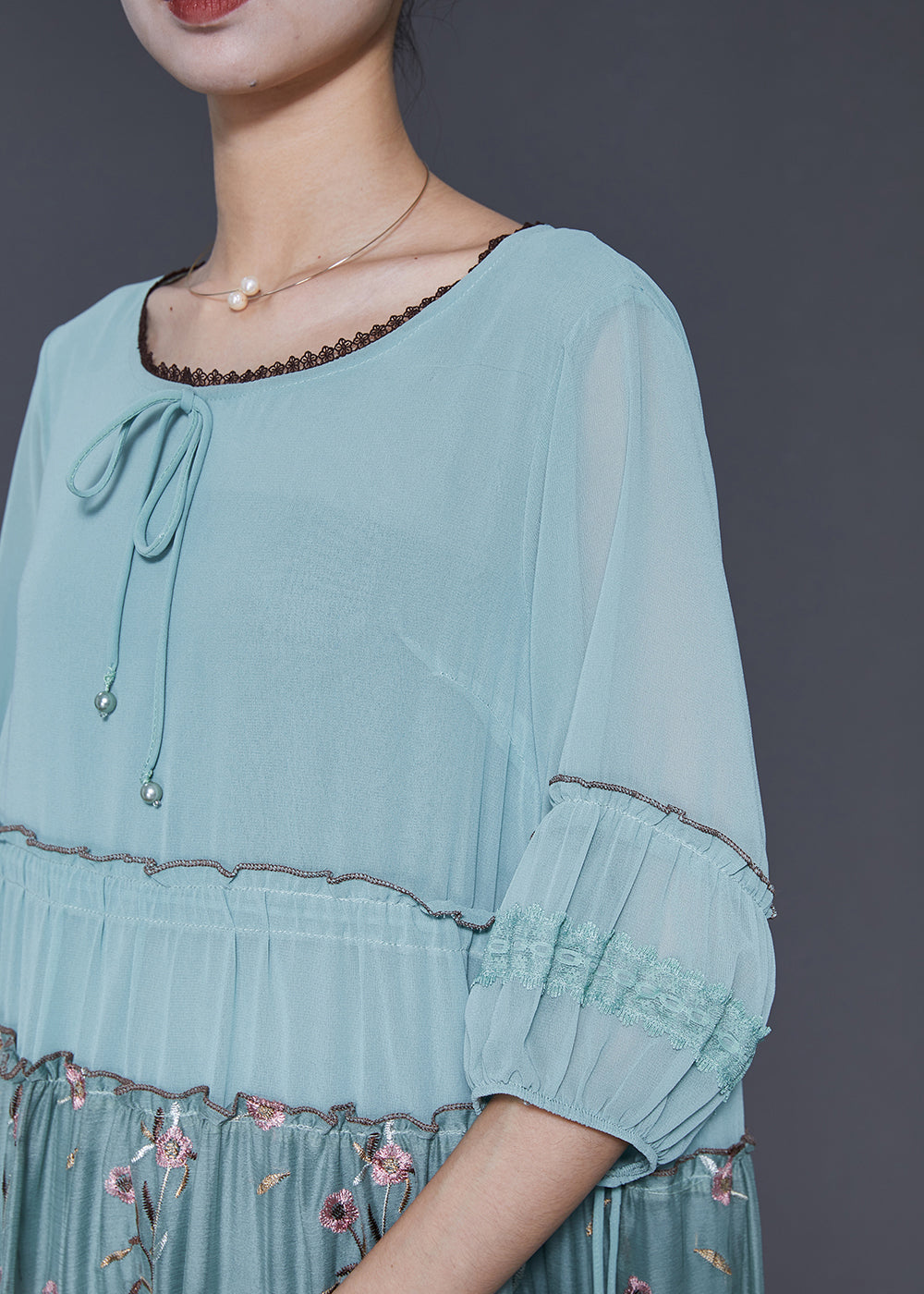Casual Blue Embroidered Ruffled Silk Dress Half Sleeve