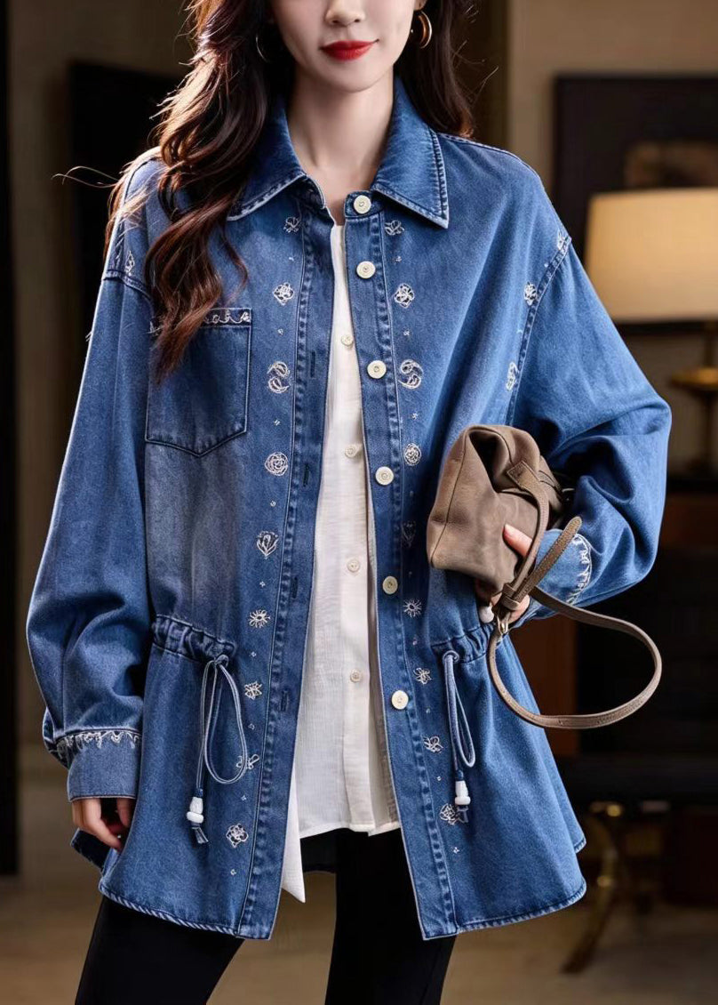 Casual Blue Embroidered Turn-Down Collar Drawstring Denim Midi Length Jacket Fall