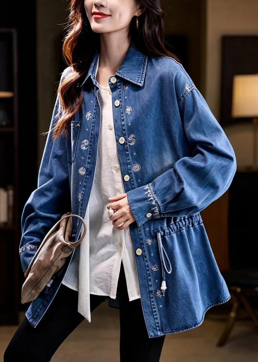 Casual Blue Embroidered Turn-Down Collar Drawstring Denim Midi Length Jacket Fall