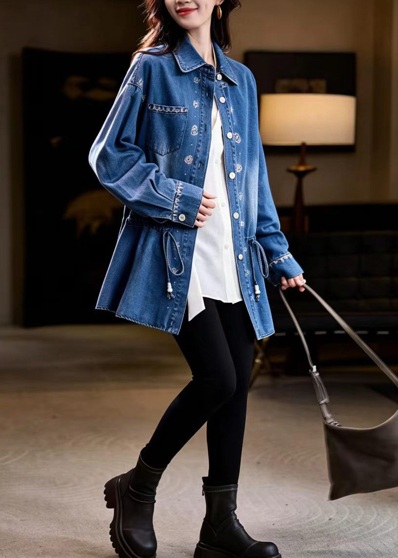 Casual Blue Embroidered Turn-Down Collar Drawstring Denim Midi Length Jacket Fall