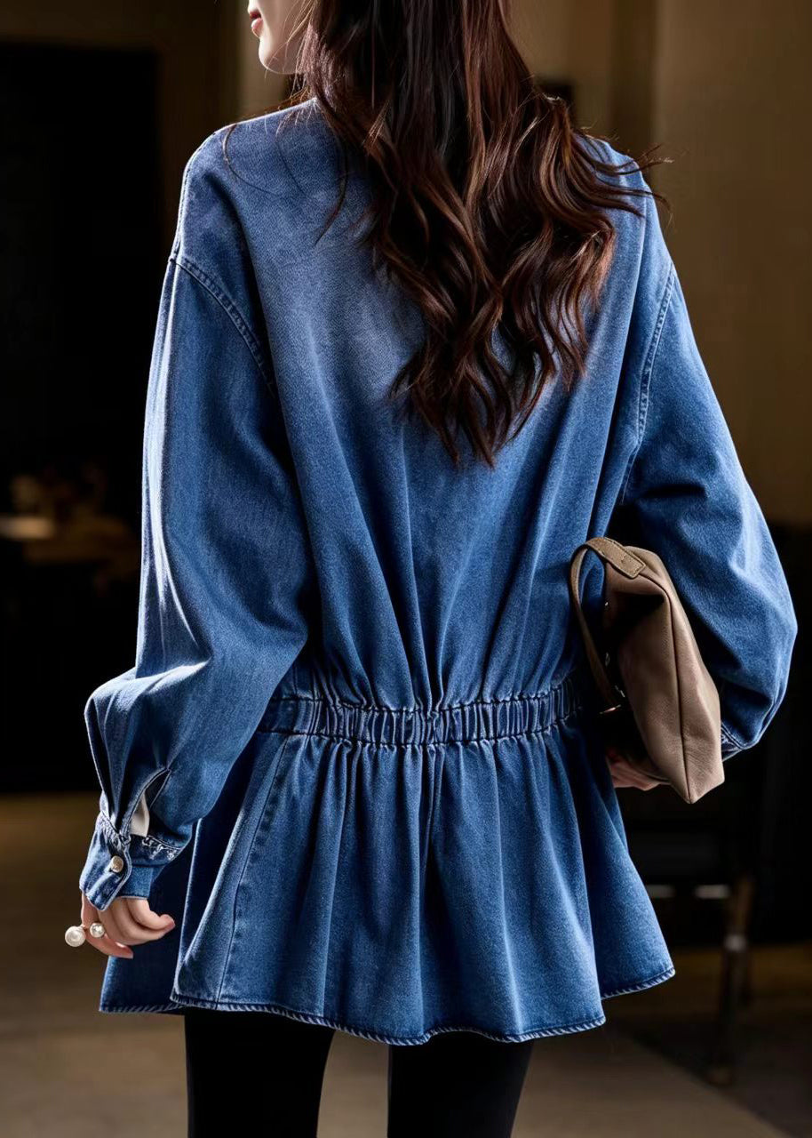 Casual Blue Embroidered Turn-Down Collar Drawstring Denim Midi Length Jacket Fall