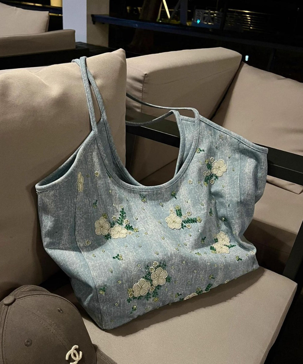 Casual Blue Embroideried Large Capacity Denim Shoulder Bag