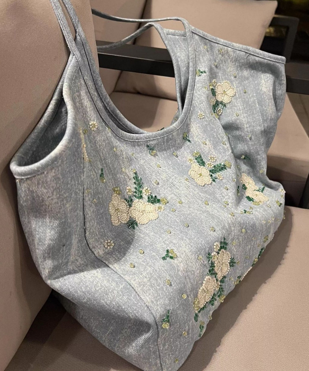 Casual Blue Embroideried Large Capacity Denim Shoulder Bag
