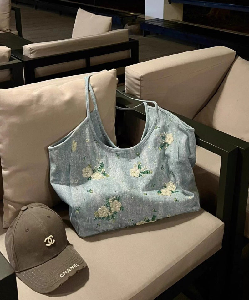 Casual Blue Embroideried Large Capacity Denim Shoulder Bag