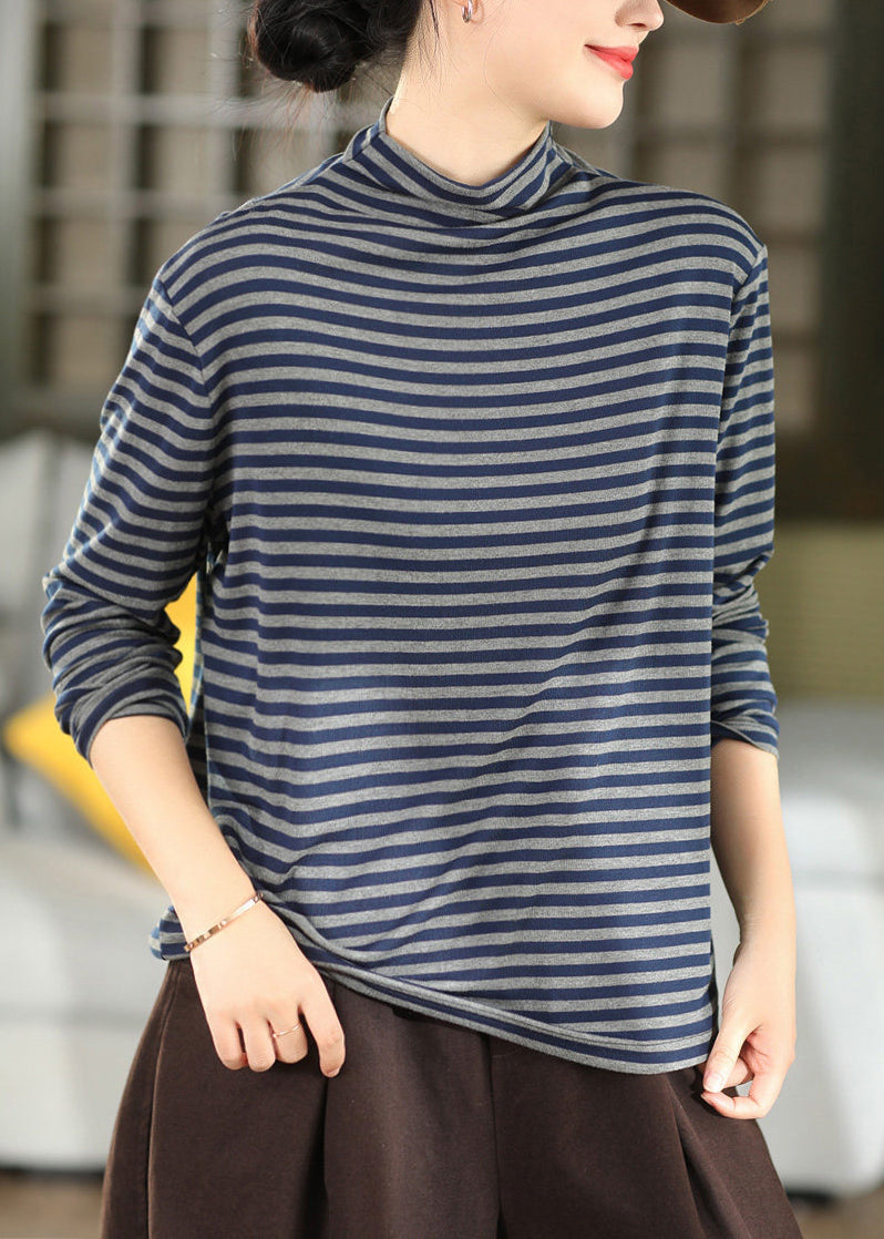 Casual Blue Half Hign Neck Striped Cotton T Shirt Top Fall