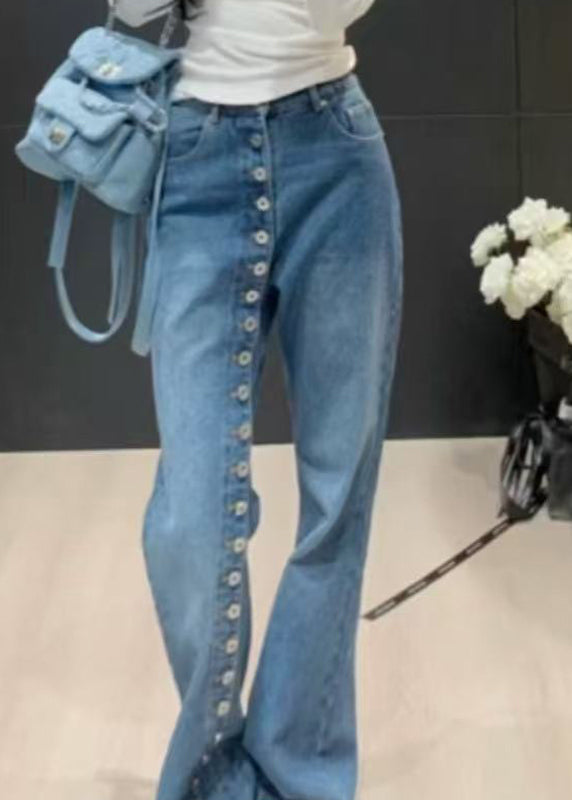 Casual Blue High Waist Pockets Patchwork Jeans Spring