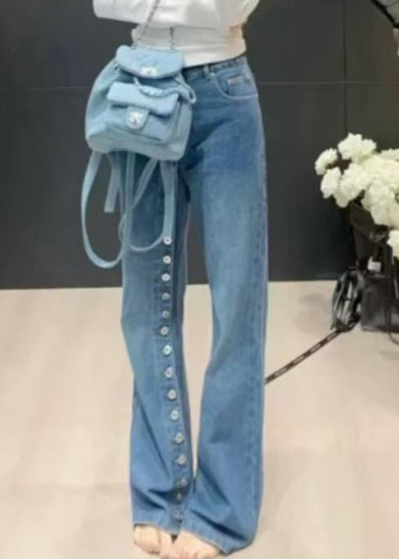 Casual Blue High Waist Pockets Patchwork Jeans Spring