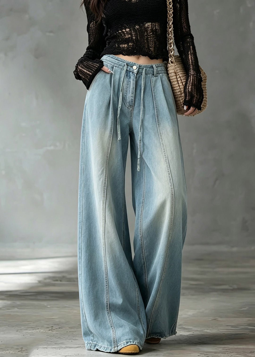 Casual Blue High Waist Tie Waist Wide Leg Jeans