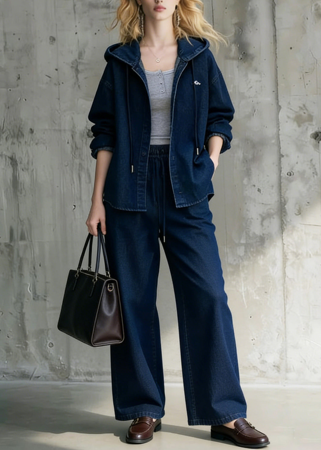 Casual Blue Hooded Coat And Wide Leg Pants Denim Two Pieces Set Spring