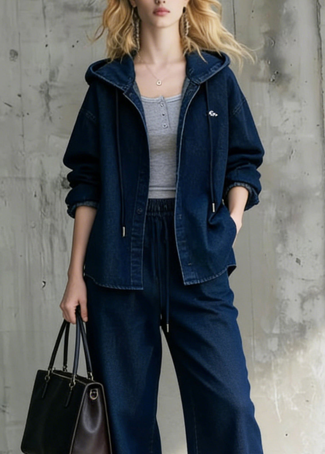 Casual Blue Hooded Coat And Wide Leg Pants Denim Two Pieces Set Spring
